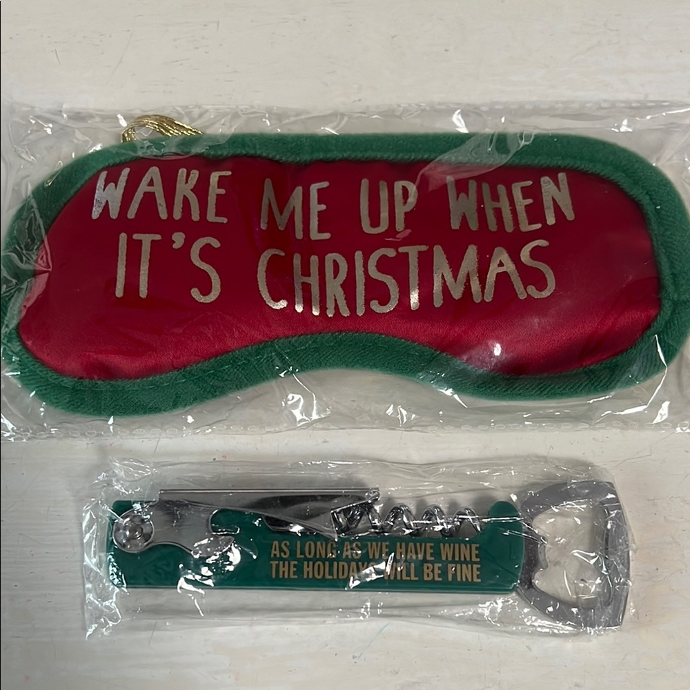 Charming Charlie Red and Green Christmas Sleep Mask and Corkscrew Set